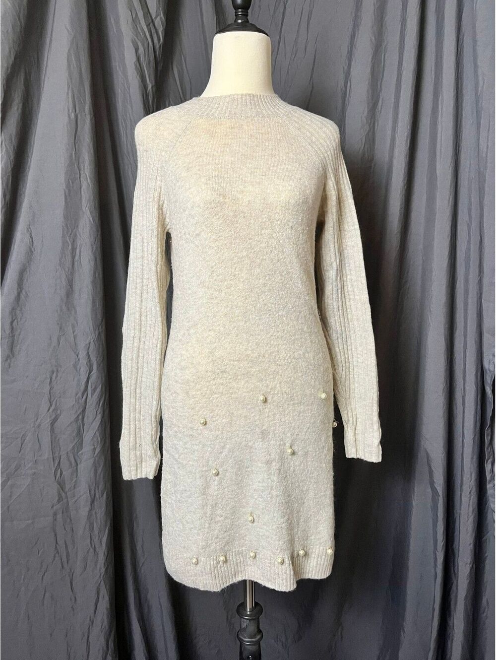 Abercrombie & Fitch Women's Beige Sweater Dress with Pearl Details XS